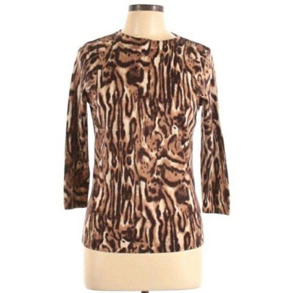 Talbots Sweater 100% Pure Merino Wool Leopard Animal Print Crew Neck Brown L - Picture 5 of 9